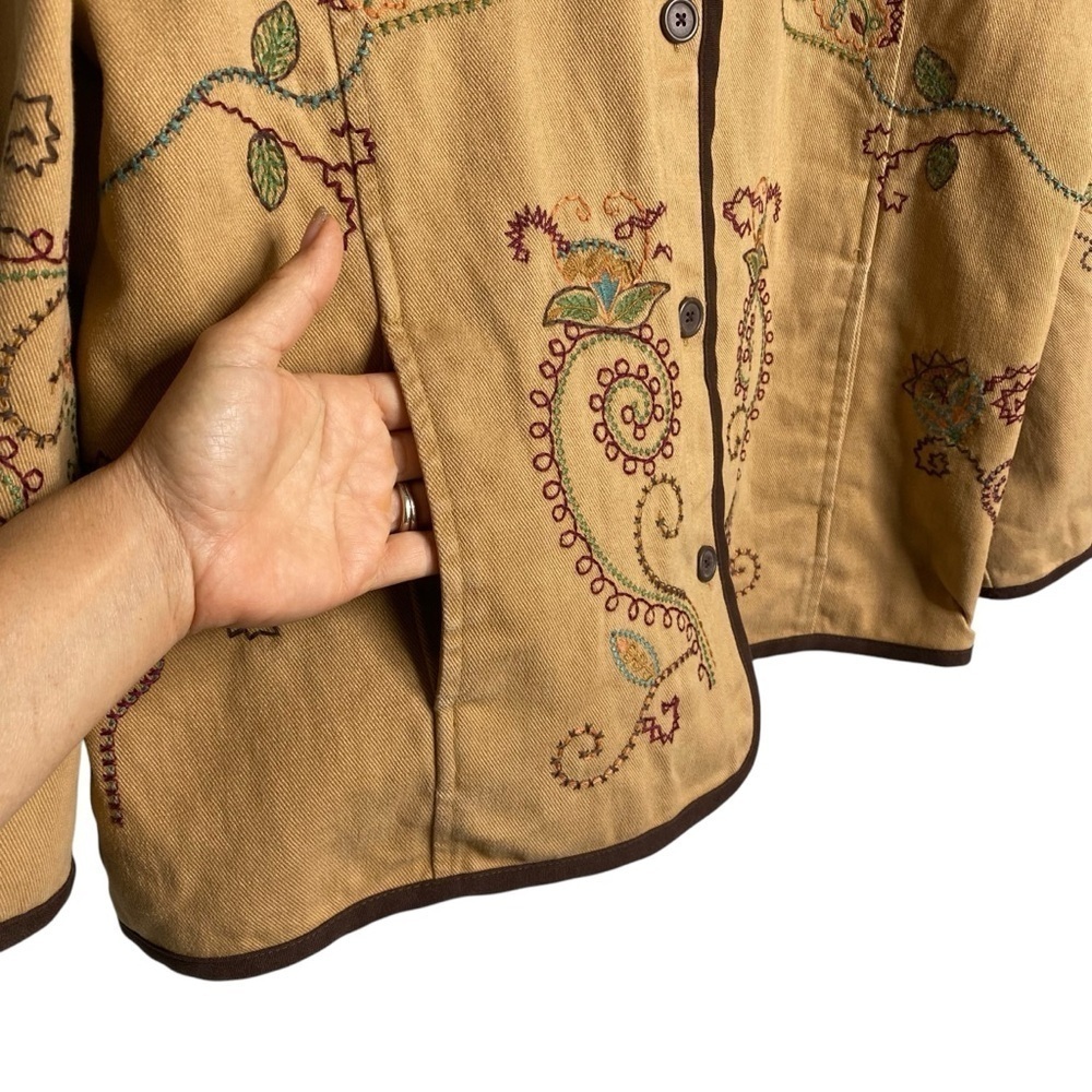 Denim & Co beige Denim Duck barn jacket Paisley embroidery Cottagecore XL - Picture 6 of 10